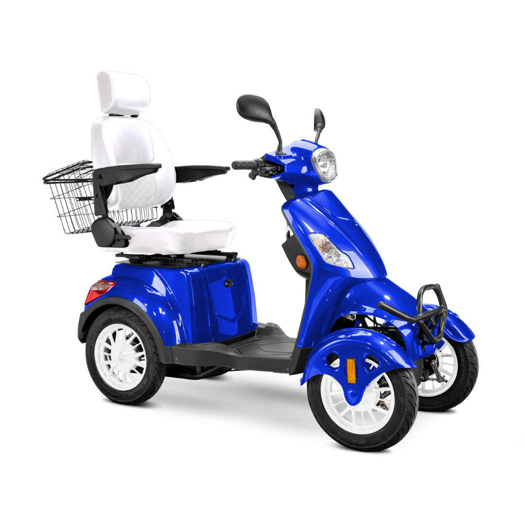 The Bespoke Prestige Recreational 4-Wheel Scooter is blue with a white cushioned adjustable seat, armrests, headrest, rear wire basket, and front/rear lights—designed for comfortable personal mobility.
